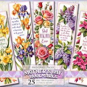 Mother&#39;s Day Bookmarks, Watercolor Digital Sheets, 2x7 inch 25 Bookmarks in 5 printable JPG pages Instant download.
