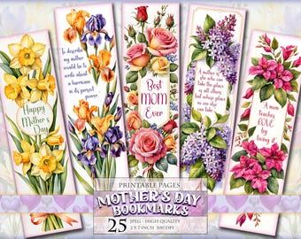 Marcapáginas para el Día de la Madre, láminas digitales en acuarela, 25 marcapáginas de 2 x 7 pulgadas en 5 páginas JPG imprimibles. Descarga instantánea.