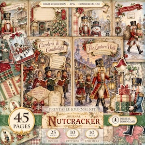 Nutcracker Junk Journal Kit, Christmas Vintage Shabby Chic Printable 45 Pages, Ephemera, Pattern Papers, Digital Download