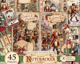 Nutcracker Junk Journal Kit, Christmas Vintage Shabby Chic Printable 45 Pages, Ephemera, Pattern Papers, Digital Download