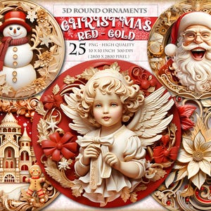 Adornos navideños redondos 3D, rojo y dorado, imagen PNG imprimible de 25, adorno de letrero de corona para colgar en la puerta con imágenes prediseñadas, descarga instantánea.