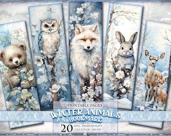 Winter Animals Bookmark, Snowly Landscape, Watercolor Digital Sheets, 2x6,3 inch 20 bookmarks in 4 printable JPG pages, Instant download.