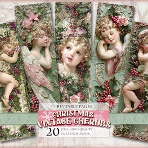 Kerst vintage engeltjes bladwijzers, digitale aquarelbladen, 2 x 6,5 inch 20 bladwijzers op 4 afdrukbare JPG-pagina's, direct downloaden.