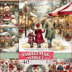 Mercado navideño, imágenes digitales imprimibles HQ 40 JPG, acuarela, clipart, álbum de recortes, diario basura, decoupage, postal, efímera, descarga instantánea.