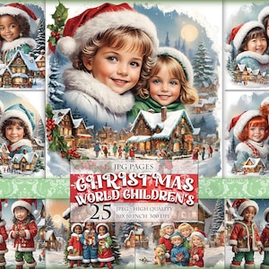 Christmas World Children's, Noel Themed Watercolor Pages, Printable 25 JPG image, Digital Collage Sheet, Scrapbook, Instant download.