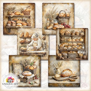Puede incluir: Una colecci&oacute;n de impresiones art&iacute;sticas digitales que representan escenas de una panader&iacute;a. Las impresiones muestran estantes y cestas llenas de diferentes tipos de pan, espigas de trigo y un panadero amasando masa. La paleta de colores es c&aacute;lida, con tonos marrones, beige y amarillos.