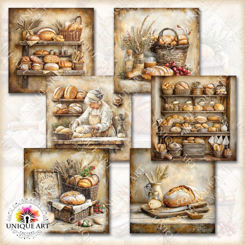 Puede incluir: Una colecci&oacute;n de impresiones art&iacute;sticas digitales que representan escenas de una panader&iacute;a. Las impresiones muestran estantes y cestas llenas de diferentes tipos de pan, espigas de trigo y un panadero amasando masa. La paleta de colores es c&aacute;lida, con tonos marrones, beige y amarillos.