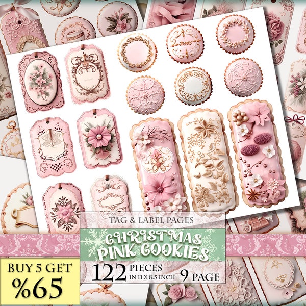 Christmas Pink Cookie Tags, Labels, ATC, Watercolor Junk Journal Embellishments, 122 Pieces in 9 Printable Pages, Digital Collage Sheets