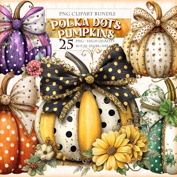 Polka Dot Pumpkins Clipart Bundle, Fancy Autumn PNG Images (Instant Download)