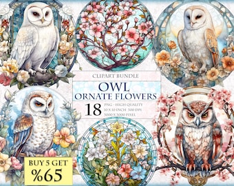 Owl and Ornate Flowers - Watercolor Clipart Bundle - HQ Printable PNG format instant download.