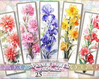 Spring Flower Bookmarks, Watercolor Digital Sheets, 2x6,3 inch 25 Bookmarks in 5 printable JPG pages, Instant download.