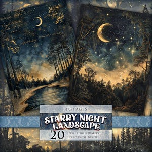 Sternenklare Nacht, Mond und Sternenhimmel, bedruckbares 20 JPG Bild, Scrapbook Ephemera Papier, Junk Journaling, Poster, Instant Download.