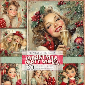 Fête de Noël femmes, images JPG HQ 20 imprimables Retro vintage Clipart scrapbooking Junk Journal carte postale Art mural peinture, téléchargement immédiat