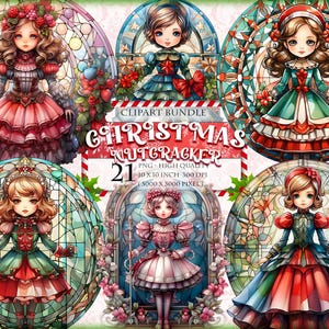 Quebra-nozes de vitral de Natal, 21 imagens PNG para impressão, clipart em aquarela, placa de guirlanda redonda para pendurar na porta, download instantâneo.