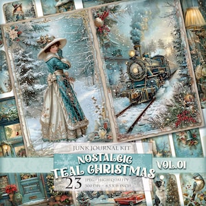 ノスタルジック ティール クリスマス Vol.01、印刷可能なジャンク ジャーナル キット、デジタル ページ、タグ、ラベル、ATC、23 JPG 11 x 8.5 インチ画像、即時ダウンロード。