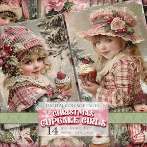 Weihnachts Cupcake Mädchen, nostalgische Scrapbook Seiten, 14 JPG Bild zum Ausdrucken, Junk Journal Ephemera Postkarte, Sofort Download.