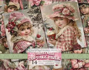 Christmas Cupcake Girls, Nostalgic Scrapbook Pages, Printable 14 JPG image, Junk Journal Ephemera Postcard Making, Instant download.