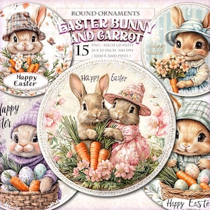 Könnte beinhalten: Set mit 15 runden Ornamenten mit Osterhasen und Karotten. Die Ornamente sind mit Pastellfarben, Blumen und Spitze verziert. Der Text "Frohe Ostern" erscheint auf jedem Ornament.