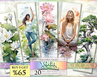 Yoga Bookmarks, Watercolor Digital Sheets, 2x6,3 inch 20 bookmarks in 4 printable JPG pages, Instant download.