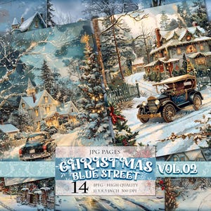 Noël Blue Streets Vol.02, paysage d'hiver, fichier imprimable 14 JPG, pages de scrapbooking numérique, journal indésirable, carte postale Téléchargement instantané.