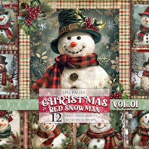 Weihnachten roter Schneemann Vol.01, Winterlandschaft, printable 12 JPG Bild, Junk Journal Ephemera Scrapbook Seiten, sofort download.