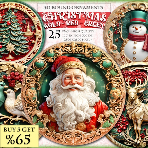 3D Christmas Round Ornaments,  Gold-Red-Green, Clipart Bundle, 25 HQ Printable PNG image, instant download.