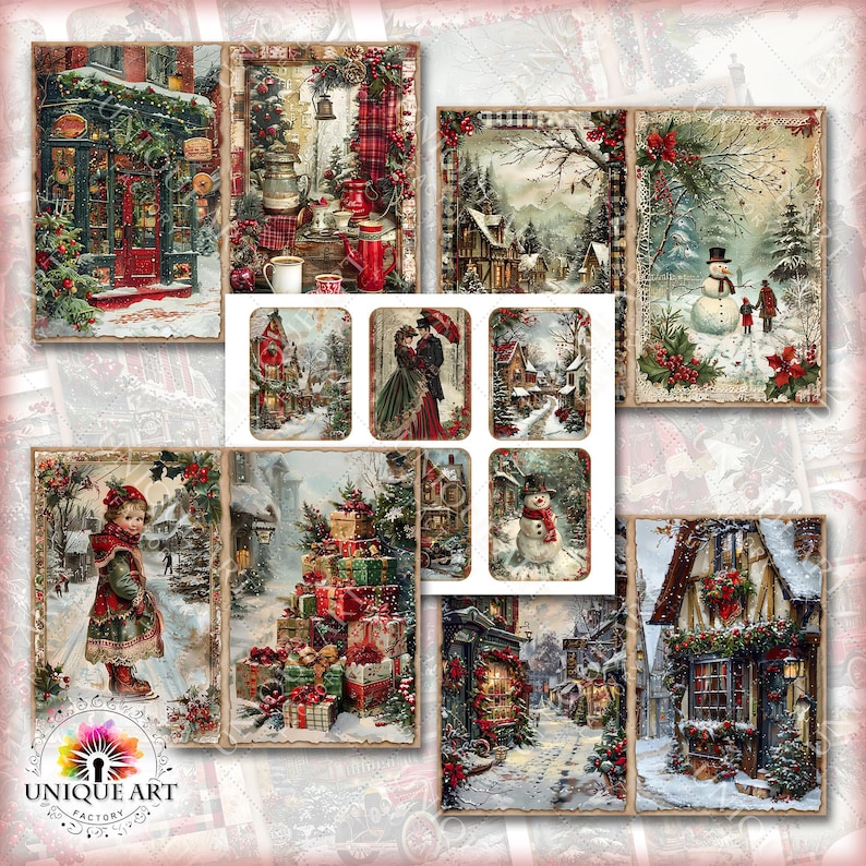 May include: A digital collage sheet with 10 images of a winter wonderland. The images feature snow-covered houses, a snowman, a couple, and a pile of presents. The images are in a vintage style with a rustic background.