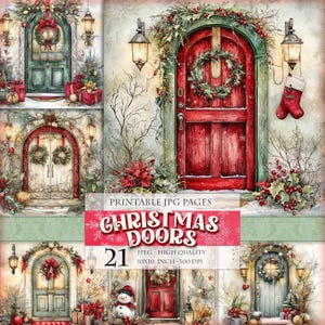 Christmas Doors, Printable 21 JPG Digital images, Snowy Noel clipart bundle for scrapbook junk journal decoupage postcard, Instant download.