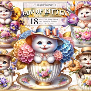 Tazza di gattino, tazza da tè floreale e gatti, immagine PNG stampabile 18, clipart acquerelli, adesivo Fussy Cuts, download immediato.
