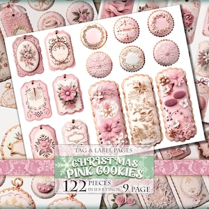 Weihnachten Rosa Keksanhänger, Etiketten, ATC, Aquarell Junk Journal Verzierungen, 122 Stück in 9 JPG Seiten, Digital Collage Sheets