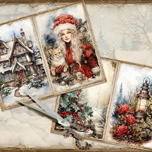 May include: A collage of four winter-themed images. The first image shows a snow-covered house with a red door. The second image shows a girl in a red dress holding a cat. The third image shows a holly bush with red berries. The fourth image shows a lantern in a snowy forest.