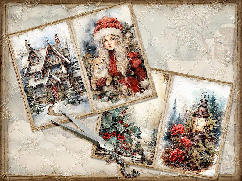 May include: A collage of four winter-themed images. The first image shows a snow-covered house with a red door. The second image shows a girl in a red dress holding a cat. The third image shows a holly bush with red berries. The fourth image shows a lantern in a snowy forest.