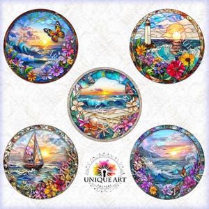 May include: Six round stained glass designs featuring ocean scenes with a sunset, waves, sailboats, lighthouses, butterflies, and seashells. The designs are set against a white background.