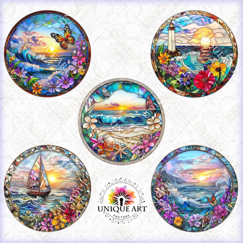 May include: Six round stained glass designs featuring ocean scenes with a sunset, waves, sailboats, lighthouses, butterflies, and seashells. The designs are set against a white background.