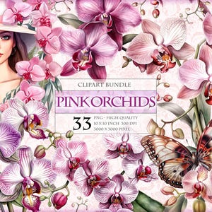Orchidee rosa, fiori, clipart floreali ad acquerello, 33 PNG stampabili, adesivi trasparenti con tagli precisi per sublimazione, download immediato.