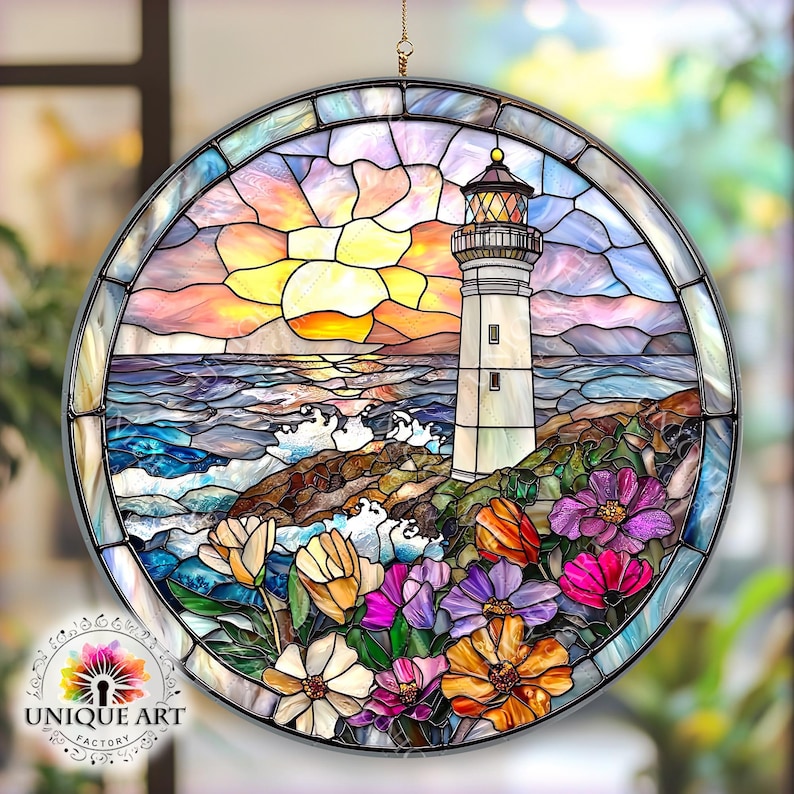 May include: A stained glass window depicting a lighthouse on a rocky shore with crashing waves and a sunset in the background. The scene is framed by a circle of colorful flowers.
