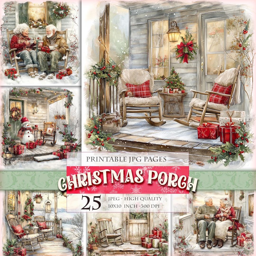 Christmas Porch, Printable 20 HQ JPG Images, Junk Journal Postcard ...