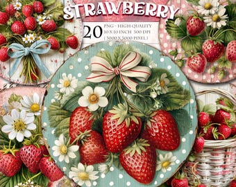 Conjunto de imágenes prediseñadas redondas de fresas vintage: 20 gráficos florales PNG para decoración de cocinas rústicas y proyectos de bricolaje de verano - Colección de arte digital
