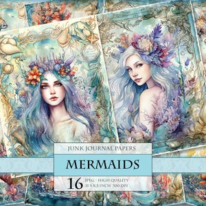 Pages de journal indésirable sur le thème des sirènes - 16 pcs fichier JPG - 8,5 x 11 pouces, image numérique imprimable, découpage, scrapbooking Téléchargement instantané