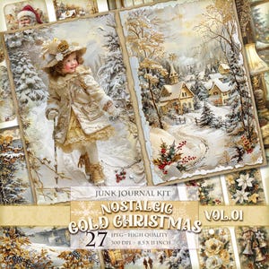 Nostalgic Gold Christmas Vol.01, kit imprimable de journal indésirable, pages numériques, tags, étiquettes, ATC, 27 images JPG 11 x 8,5 pouces Téléchargement instantané.
