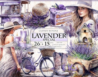 Lavender, Watercolor ClipArt Bundle, 26 HQ Printable PNG + 15 JPG, junk journal, scrapbook, transparent sublimation image, instant download