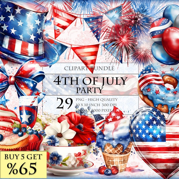 4th of July - Party / Independence Day / Patriotic Watercolor ClipArt Bundle - HQ Printable PNG format instant download.
