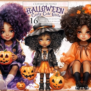 Halloween Curly Cute Girls, African American, Afro Girl, Watercolor Clipart Bundle, HQ Printable, PNG format, Sublimation, instant download.