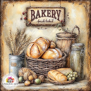 Puede incluir: Una escena r&uacute;stica de panader&iacute;a con un letrero de madera que dice "BAKERY fresh baked". La imagen presenta varios tipos de pan en cestas, un tarro y un barril. Espigas de trigo est&aacute;n en un recipiente de metal. La paleta de colores es c&aacute;lida.