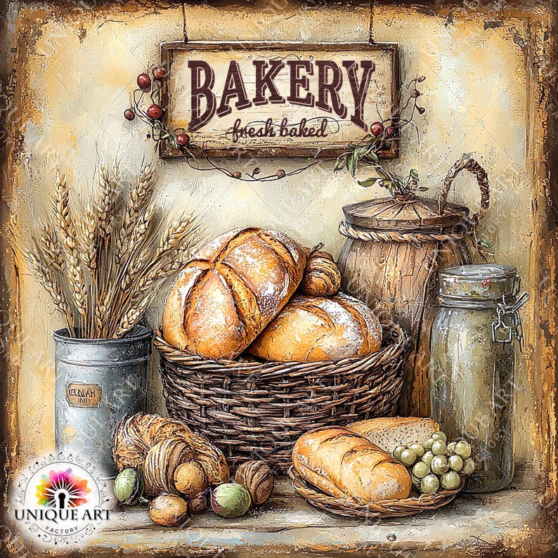 Puede incluir: Una escena r&uacute;stica de panader&iacute;a con un letrero de madera que dice "BAKERY fresh baked". La imagen presenta varios tipos de pan en cestas, un tarro y un barril. Espigas de trigo est&aacute;n en un recipiente de metal. La paleta de colores es c&aacute;lida.