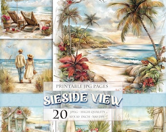 Seaside Views, Summer Island Landscape, Printable HQ 20 JPG image, Watercolor Junk Journal Folio Pages Scrapbook Ephemera, Instant download.