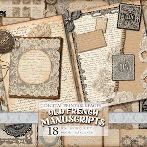 Manuscritos franceses antigos, folhas de colagem para scrapbook em aquarela, 18 páginas únicas JPG para impressão - 11 x 8,5 polegadas, download instantâneo.