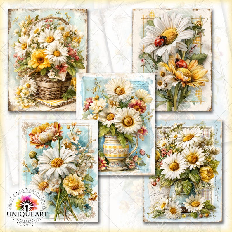 May include: A collection of five vintage-style floral art prints. Each print features watercolor illustrations of daisies, other flowers, and greenery. One print shows a basket of flowers, and another has a ladybug. The prints have a distressed, aged appearance.