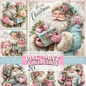 May include: Digital art featuring Santa Claus in pink and mint-colored attire, holding gifts. The image includes the text "Merry Christmas" and "Pink-Mint Santa Claus". The artwork is labeled as printable JPG pages, 10x10 inches.