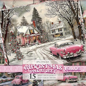 クリスマス ピンク ストリート Vol.03、冬の風景、印刷可能な 15 枚の JPG 画像、スクラップブック エフェメラ、ジャンク ジャーナル、ポストカード、即時ダウンロード。